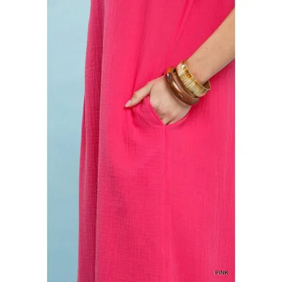 Umgee Button-Front Gauze Midi Dress with Lace Detail - Picture 6 of 6